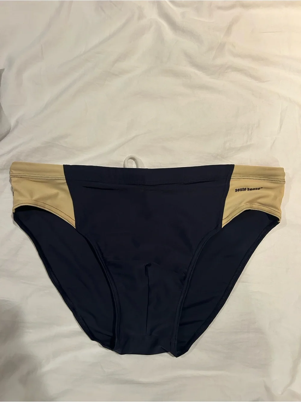 Men's Navy and Tan Swim Trunks with Contrast Panels